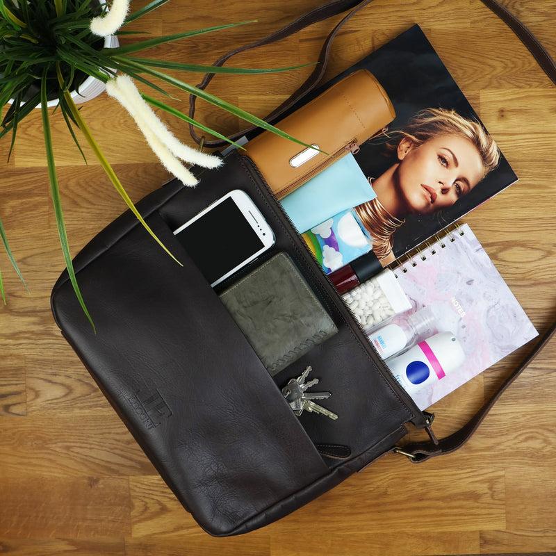Leconi Umhängetasche Ledertasche Damen Herren Schultertasche Leder dunkelbraun LE0067 Cyber Monday