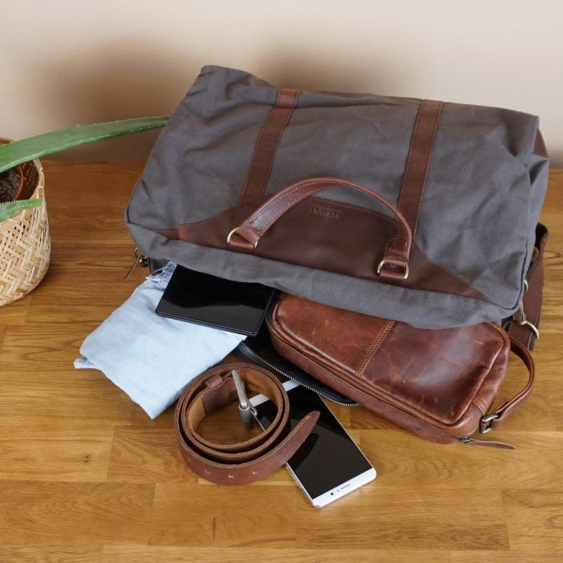 Leconi kleine Reisetasche Handgepäck Canvas Leder grau LE2009 Muttertagsangebot