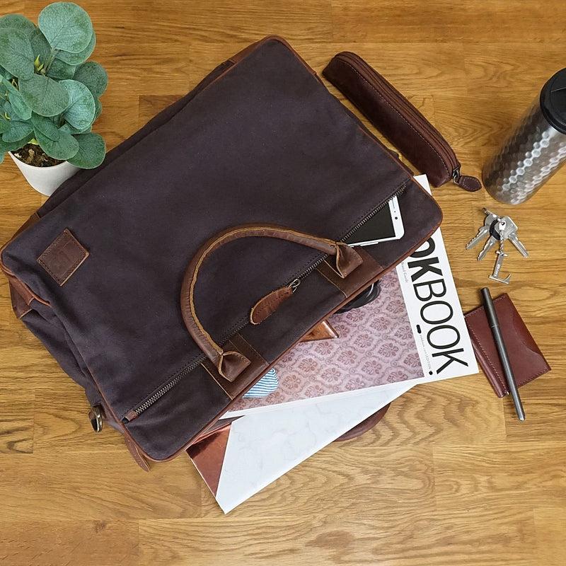 Leconi Aktentasche Arbeitstasche Bürotasche Canvas Leder mokka LE3066 Top Angebot