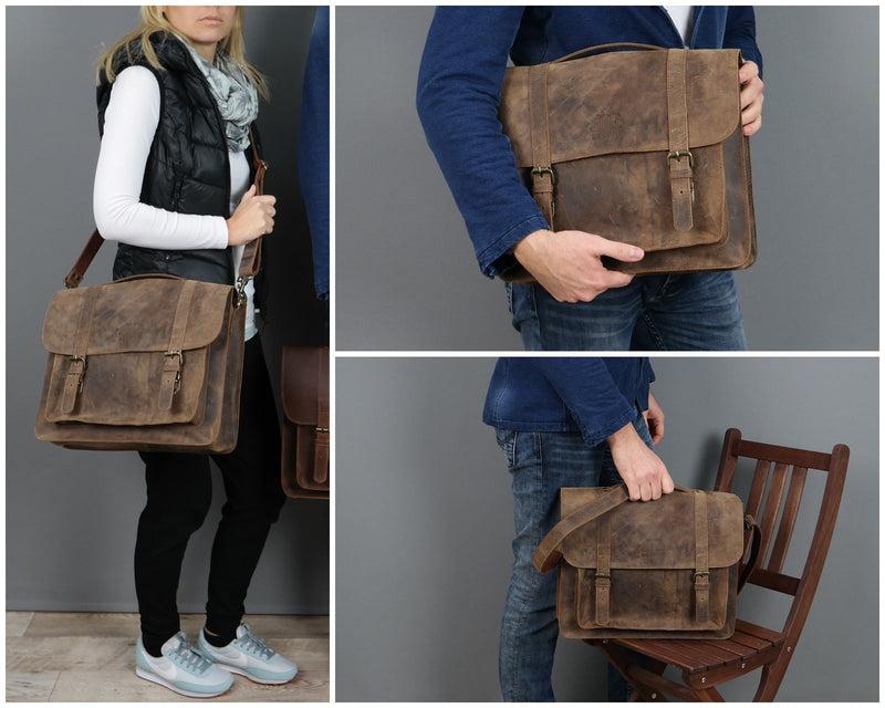 Leconi Messenger Bag Aktentasche Damen Herren Leder vintage braun LE3055 Online Outlet
