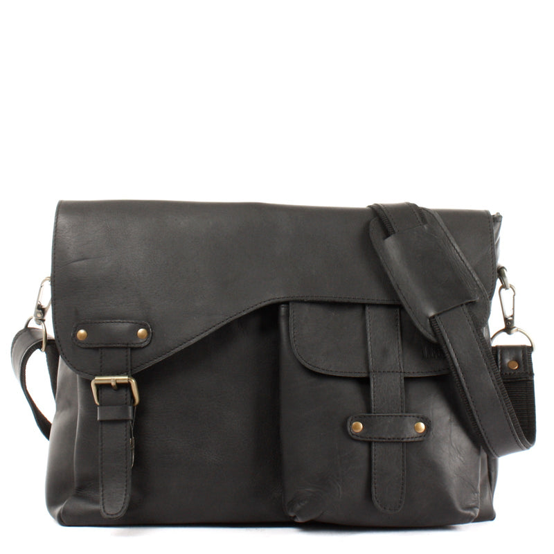 Leconi Messenger Bag Collegetasche DIN A4 Kuriertasche Leder schwarz LE3032