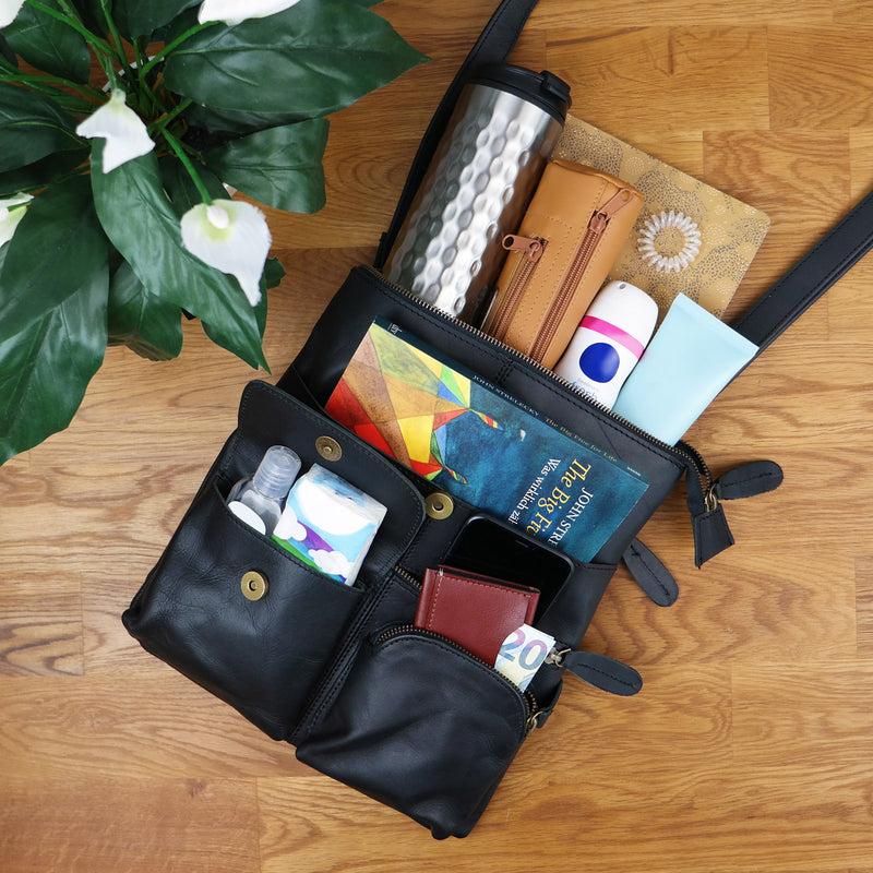 Leconi Umhängetasche Schultertasche Damen Herren Used Look Leder schwarz LE3011 Bestseller