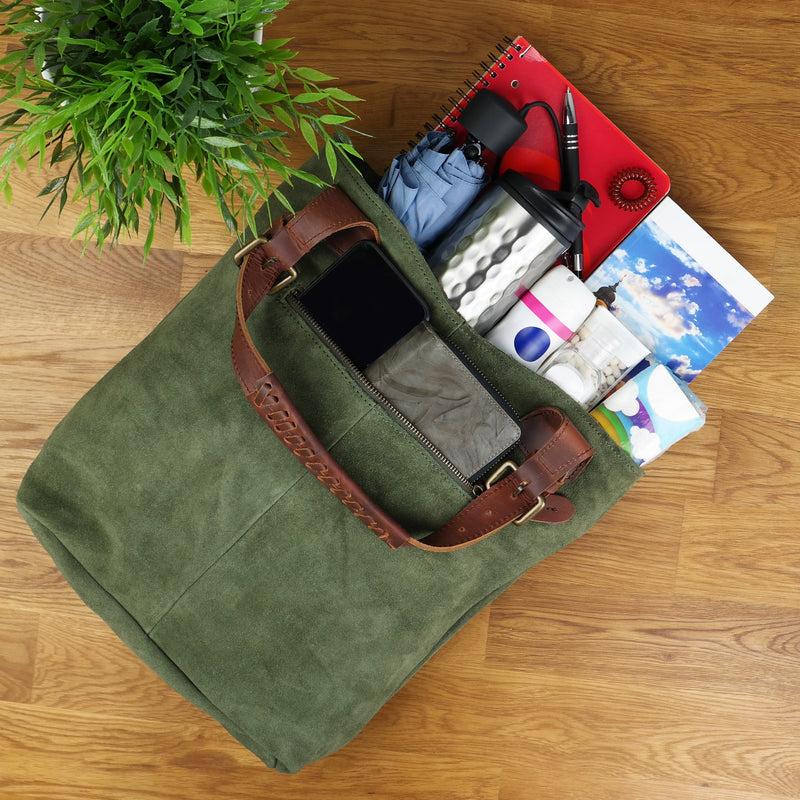 Leconi Henkeltasche Damentasche Veloursleder Leder grün LE0033 Zeitbegrenzte Promotion