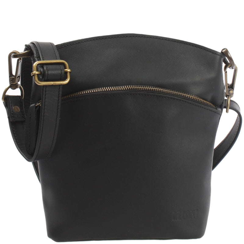 Leconi kleine Umhängetasche Schultertasche Freizeittasche Leder schwarz LE3049