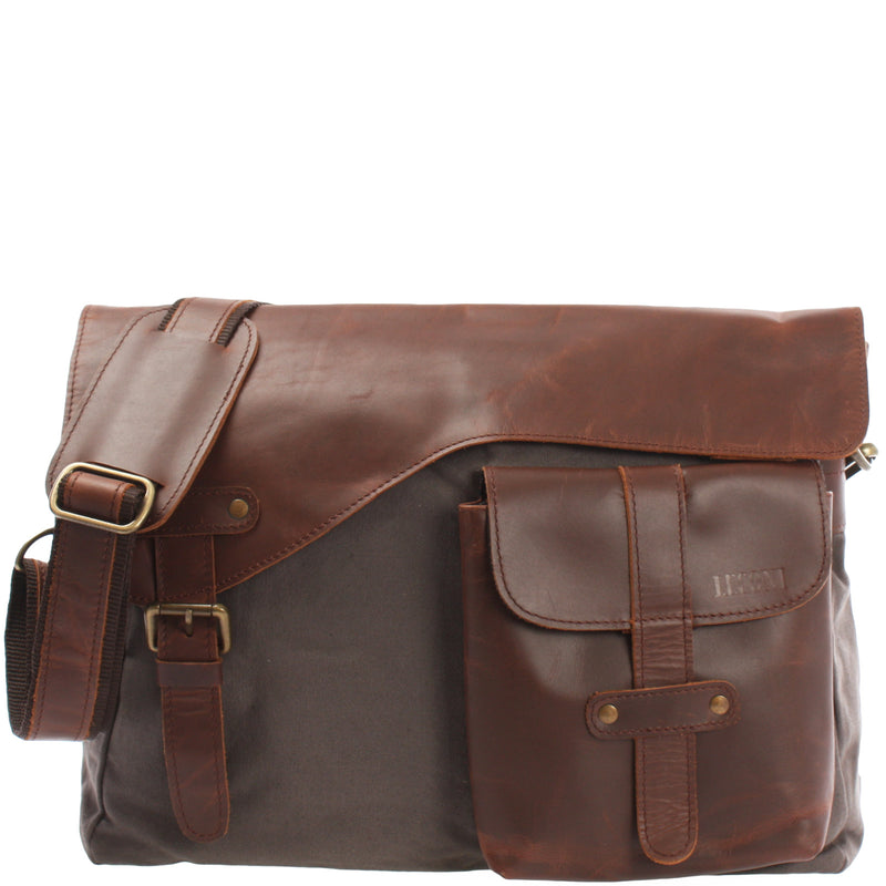 Leconi Kuriertasche Umhängetasche DIN A4 Leder Canvas grau LE3032