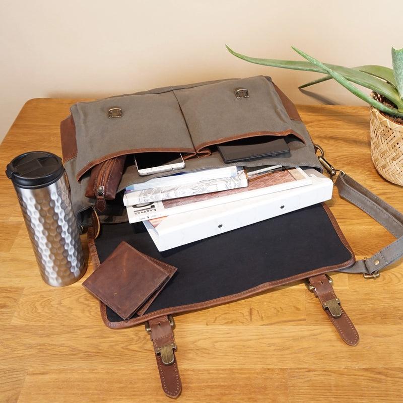 Leconi Kuriertasche Umhängetasche DIN A4 Leder Canvas grau LE3032 2025