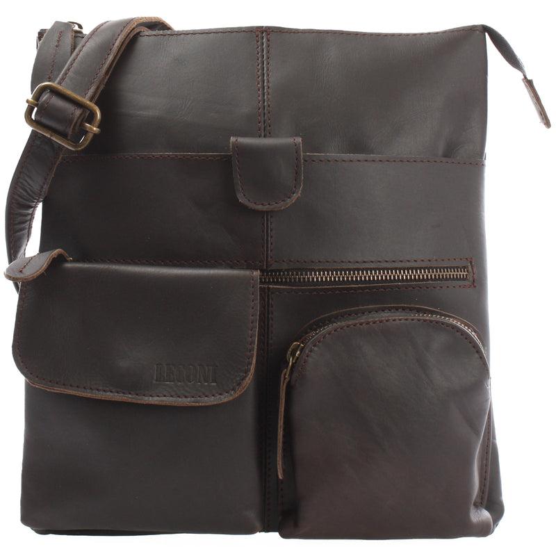Leconi Umhängetasche Schultertasche Damen Herren Used Look Leder dunkelbraun LE3011