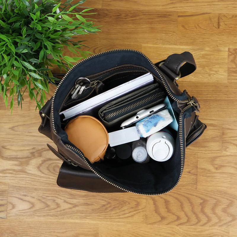 Leconi Umhängetasche Schultertasche Damen Herren Used Look Leder dunkelbraun LE3011 Verkauf