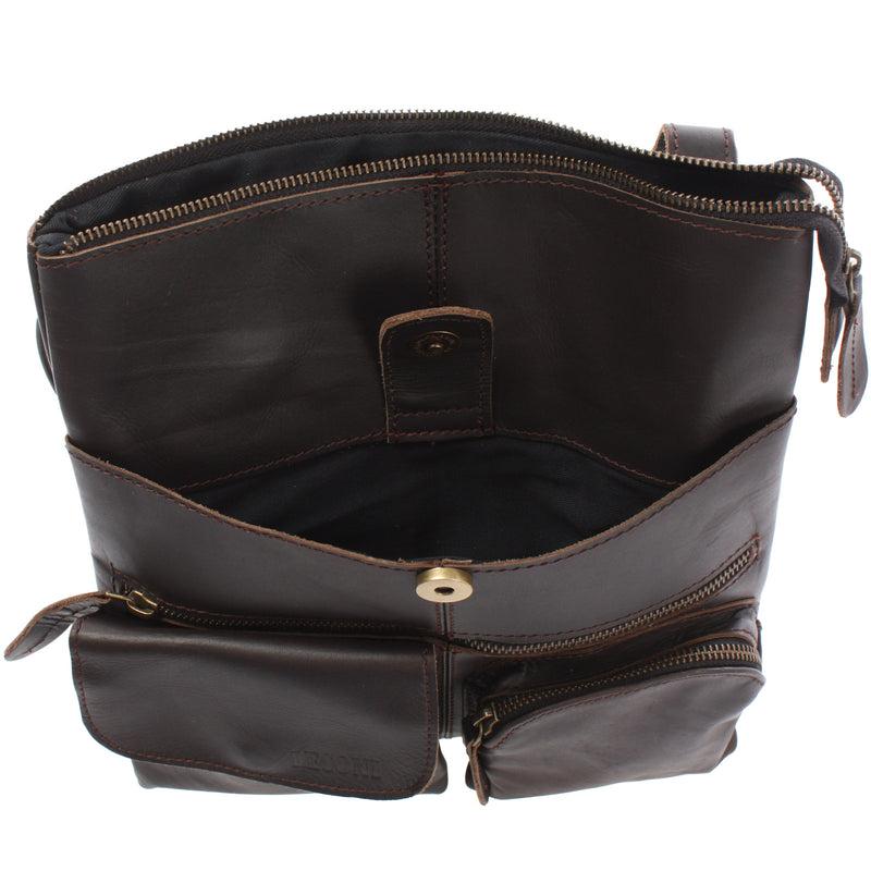 Leconi Umhängetasche Schultertasche Damen Herren Used Look Leder dunkelbraun LE3011 Verkauf