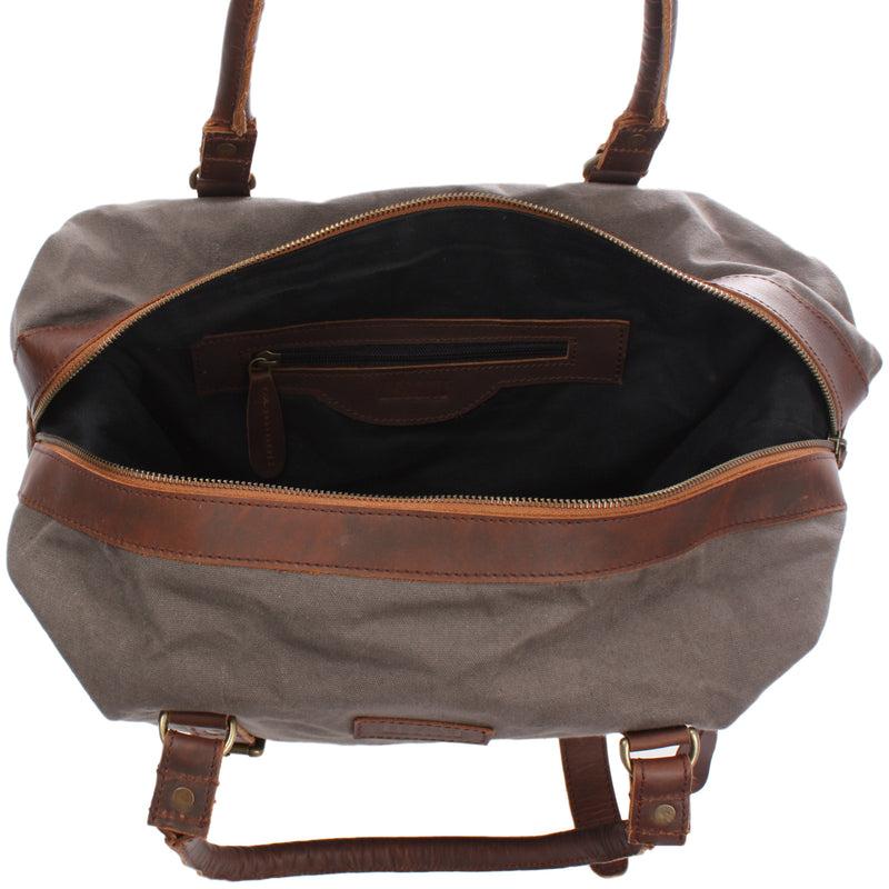 Leconi kleiner Weekender Shopper Damen Herren Leder Canvas grau LE2006 Fabrikverkauf
