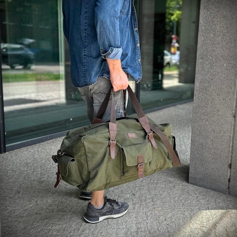 Leconi großer Weekender Reisetasche Sporttasche Damen Herren Leder Canvas grün LE2019 Blitzverkäufe