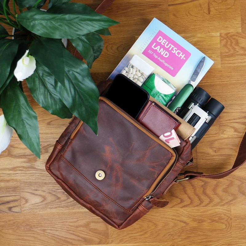 Leconi kleine Umhängetasche Ledertasche Freizeittasche Leder braun LE3042 Fabrik Onlineshop
