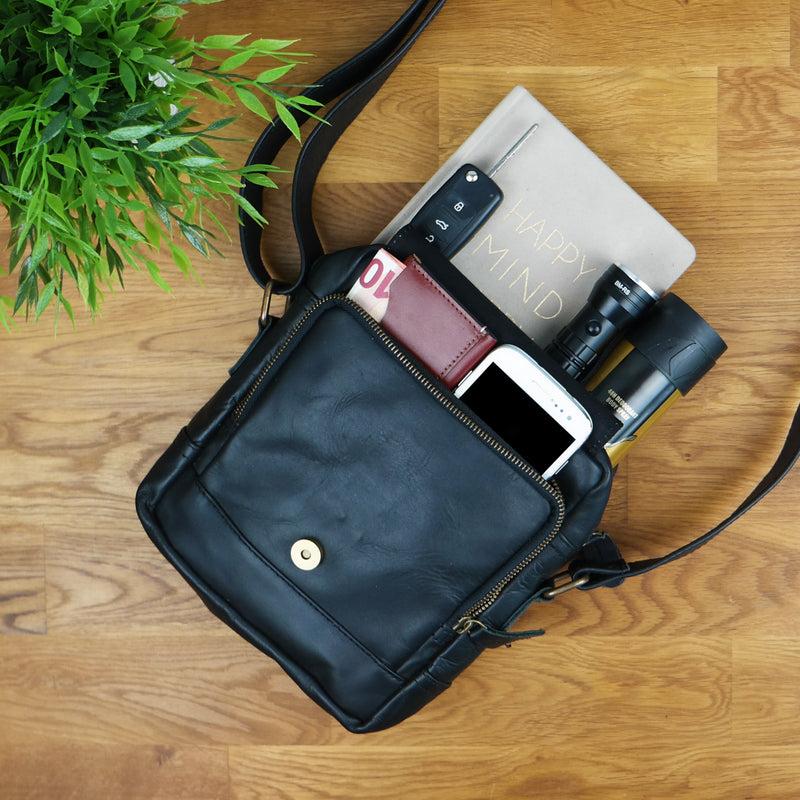 Leconi kleine Freizeittasche Umhängetasche Schultertasche Leder schwarz LE3042 Fabrikpreis