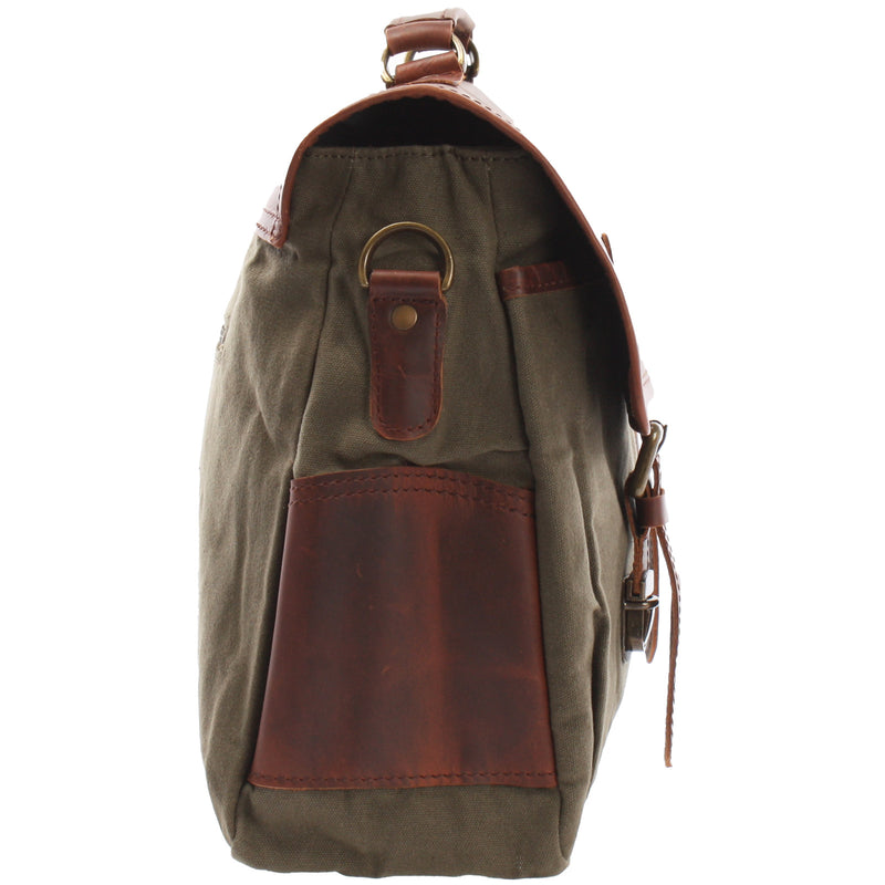 Leconi Messenger Bag Din A4 Kuriertasche Leder Canvas grün LE3018 Sonderangebot