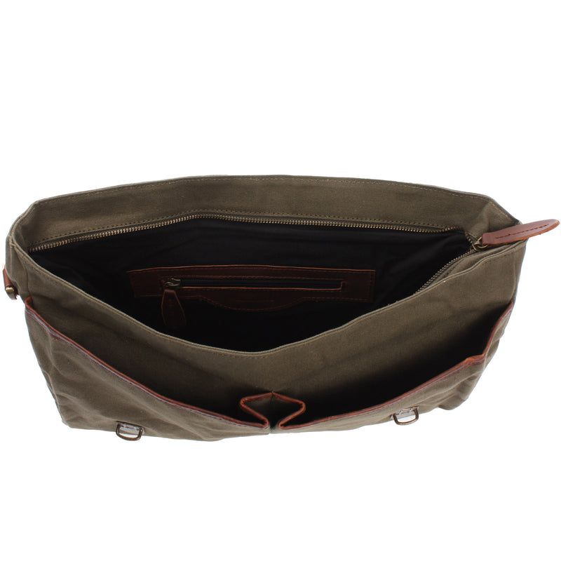 Leconi Messenger Bag Din A4 Kuriertasche Leder Canvas grün LE3018 Sonderangebot