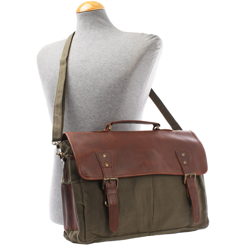 Leconi Messenger Bag Din A4 Kuriertasche Leder Canvas grün LE3018 Sonderangebot