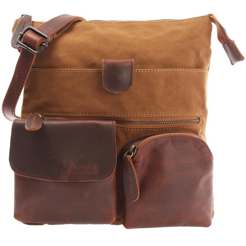 Leconi Umhängetasche Schultertasche Damen Herren Used Look Leder Canvas cognac LE3011