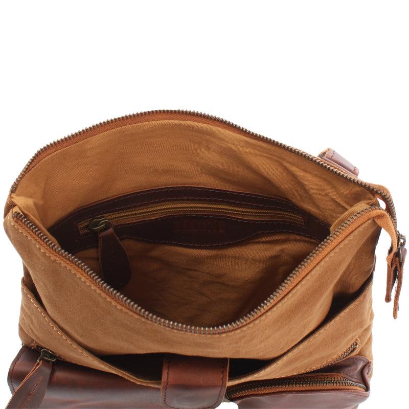 Leconi Umhängetasche Schultertasche Damen Herren Used Look Leder Canvas cognac LE3011 Rabatt