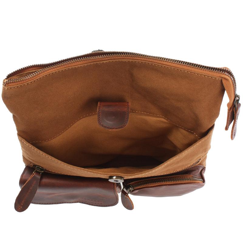 Leconi Umhängetasche Schultertasche Damen Herren Used Look Leder Canvas cognac LE3011 Rabatt
