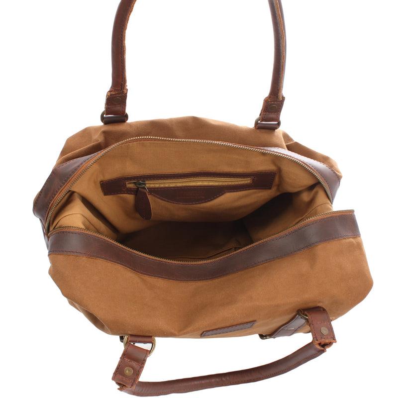 Leconi kleiner Weekender Shopper Damen Herren Leder Canvas cognac LE2006 Begrenztes Angebot
