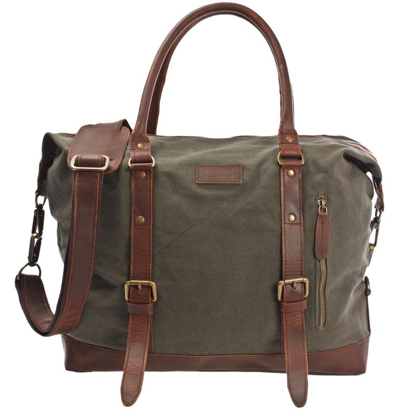 Leconi kleiner Weekender Shopper Damen Herren Leder Canvas grün LE2006