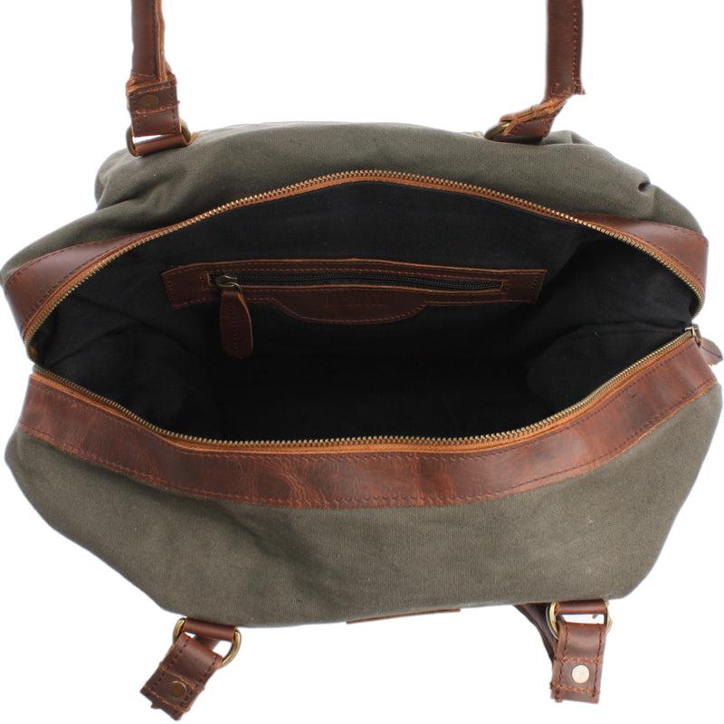Leconi kleiner Weekender Shopper Damen Herren Leder Canvas grün LE2006 Online Shopping