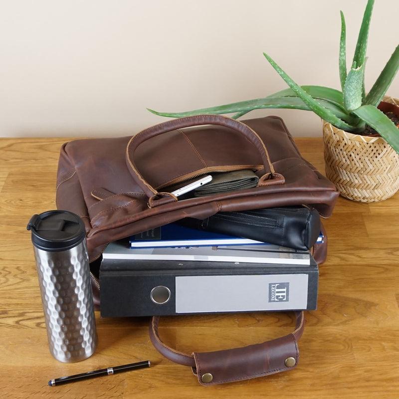 Leconi Handgepäck Arbeitstasche Ledertasche Damen Herren Leder braun LE2007 Lagerräumung