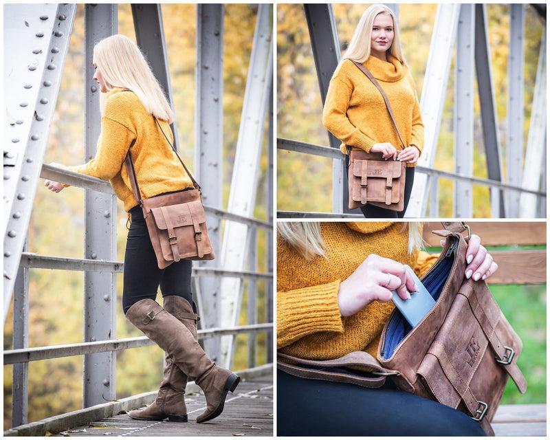 Leconi mittelgroße Umhängetasche Ledertasche Damen Herren Vintage Leder braun LE3036 Neueste Mode