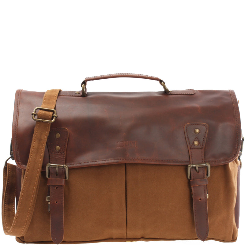 Leconi Messenger Bag Din A4 Kuriertasche Leder Canvas cognac LE3018