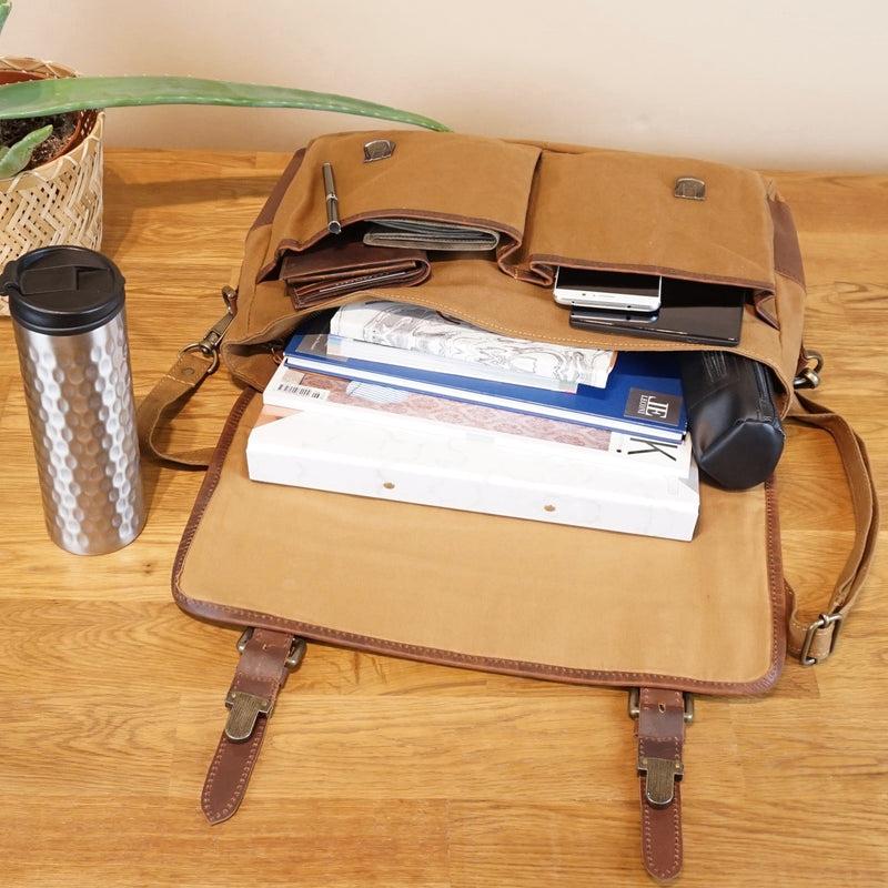 Leconi Messenger Bag Din A4 Kuriertasche Leder Canvas cognac LE3018 Exklusive Angebote