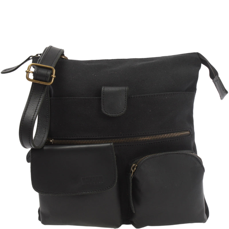 Leconi Umhängetasche Schultertasche Damen Herren Used Look Leder Canvas schwarz LE3011