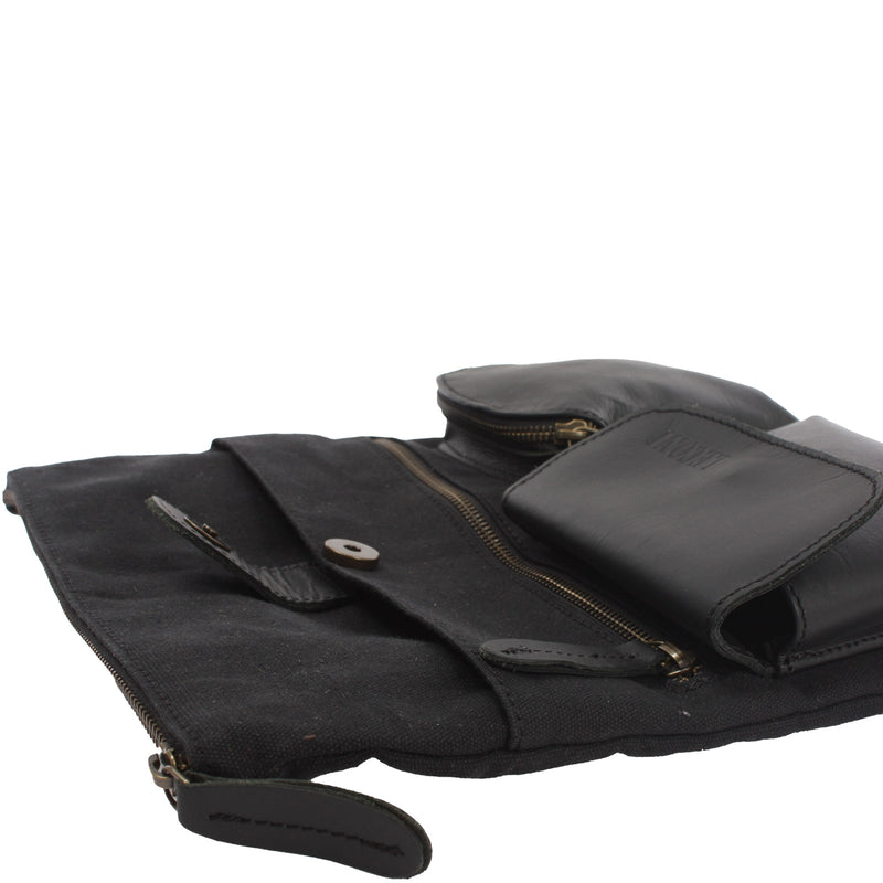 Leconi Umhängetasche Schultertasche Damen Herren Used Look Leder Canvas schwarz LE3011 Große Rabatte