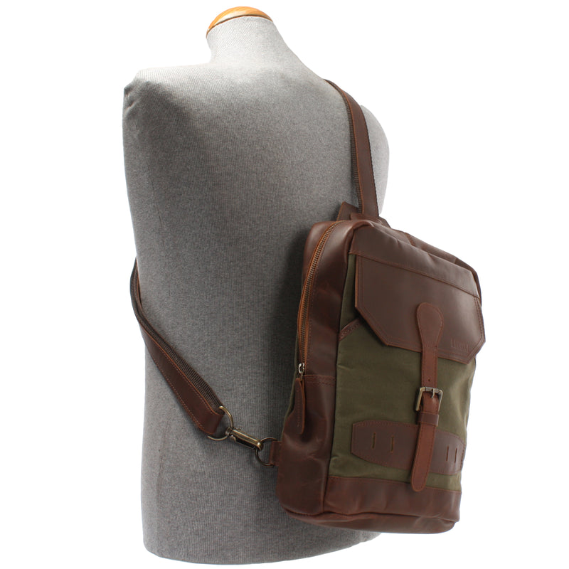 Leconi Freizeitrucksack Crossbag Rucksack Damen Herren Leder Canvas grün LE1012 Bestseller