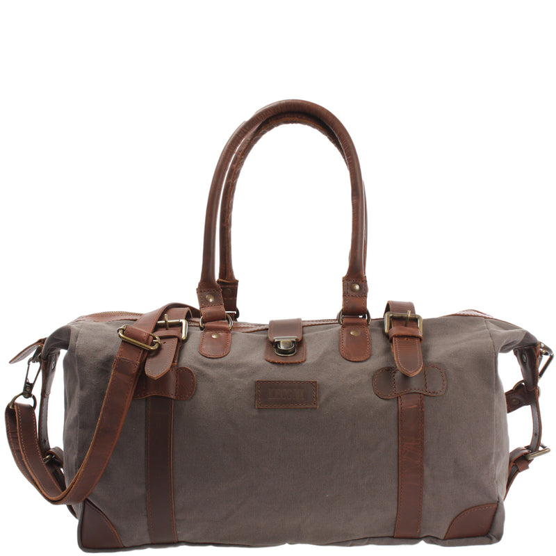Leconi kleiner Weekender Handgepäck Damen Herren Leder Canvas grau LE2008