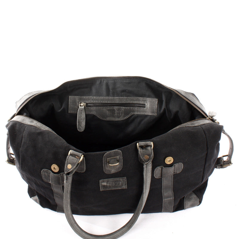 Leconi kleiner Weekender Handgepäck Damen Herren Leder Canvas schwarz LE2008 Räumungsverkauf
