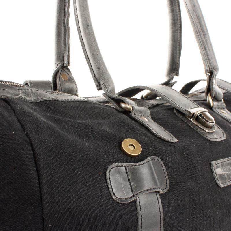Leconi kleiner Weekender Handgepäck Damen Herren Leder Canvas schwarz LE2008 Räumungsverkauf