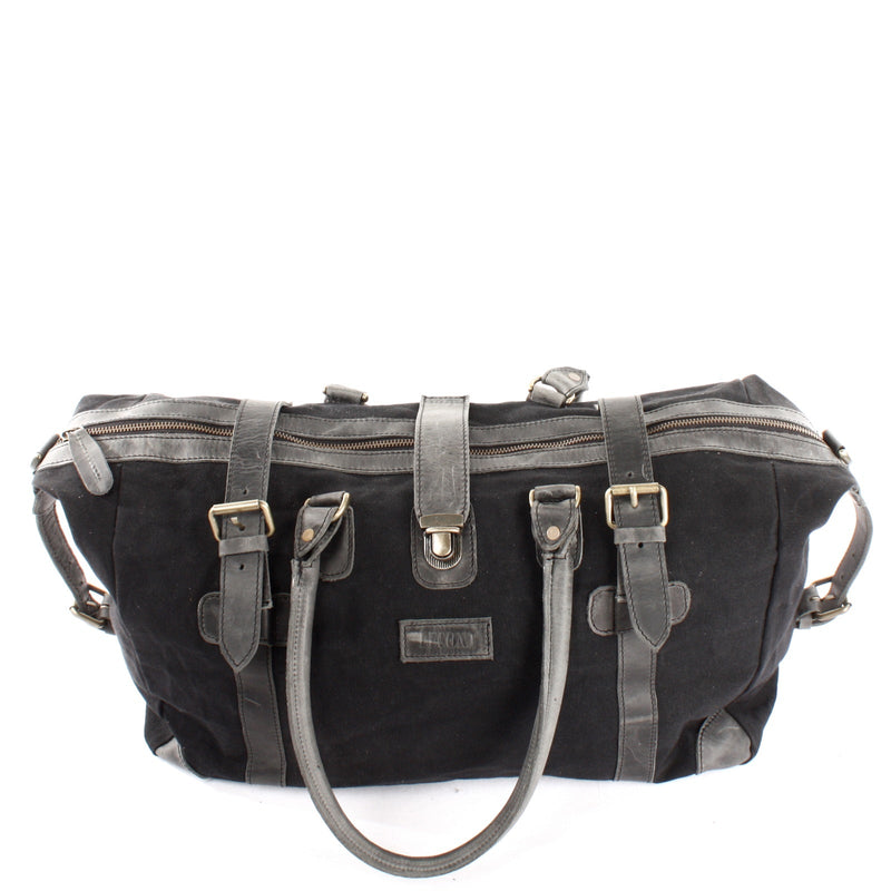 Leconi kleiner Weekender Handgepäck Damen Herren Leder Canvas schwarz LE2008 Räumungsverkauf