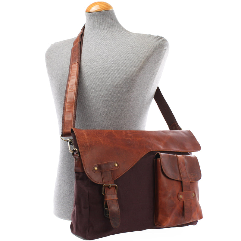Leconi Umhängetasche Collegetasche DIN A4 Leder Canvas mokka LE3032 Tägliche Deals