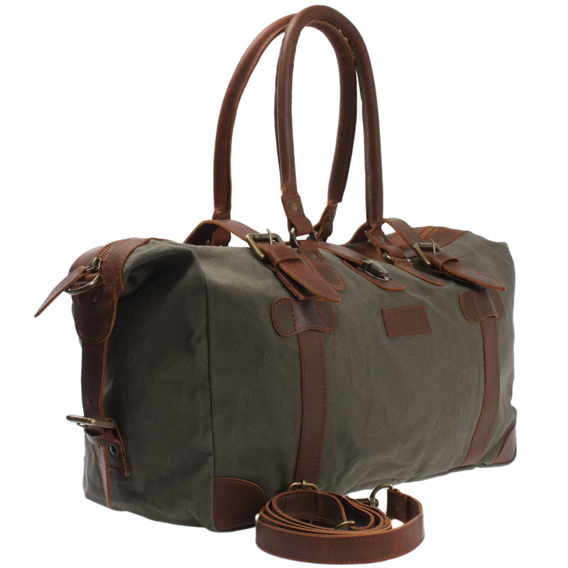 Leconi kleiner Weekender Handgepäck Damen Herren Leder Canvas grün LE2008 VIP-Rabatte