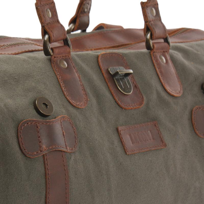 Leconi kleiner Weekender Handgepäck Damen Herren Leder Canvas grün LE2008 VIP-Rabatte