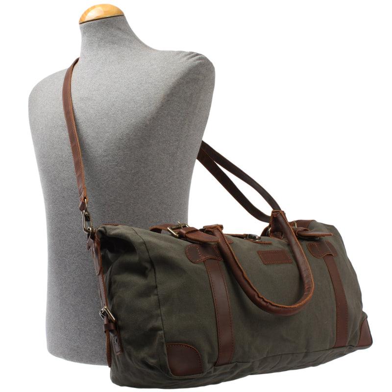 Leconi kleiner Weekender Handgepäck Damen Herren Leder Canvas grün LE2008 VIP-Rabatte