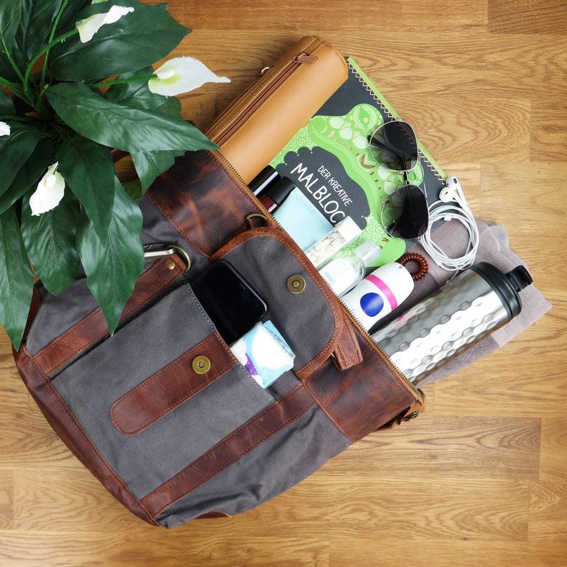 Leconi Henkeltasche Schultertasche Canvas Leder grau LE0043 Neueste Stile