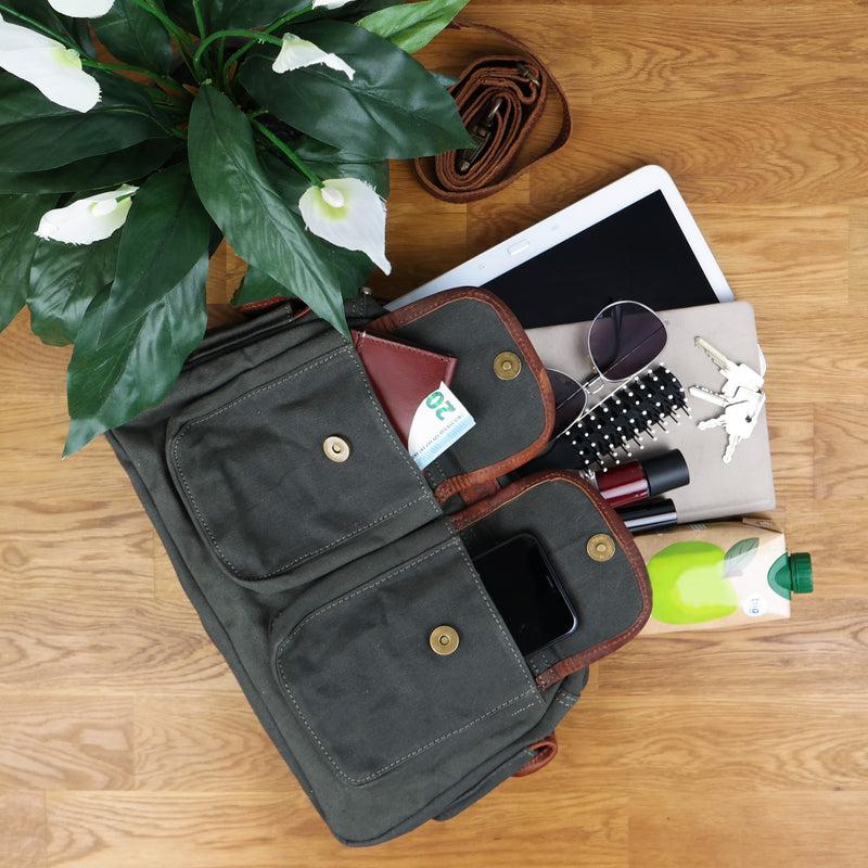 Leconi Henkeltasche Damentasche Canvas Leder grün LE0042 Letzte 2 Tage