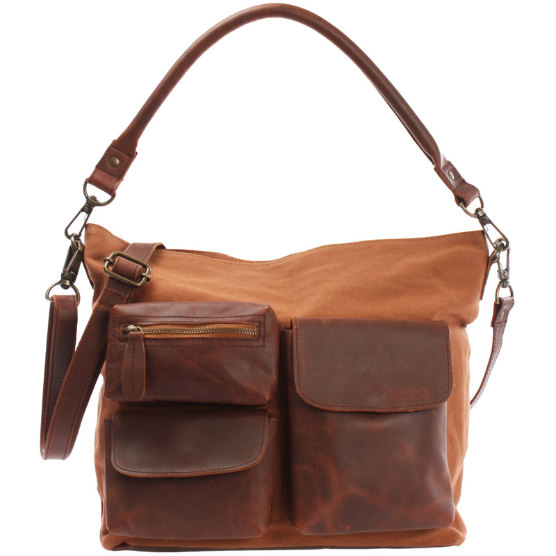 Leconi Schultertasche Umhängetasche Ledertasche Canvas Leder cognac LE0039