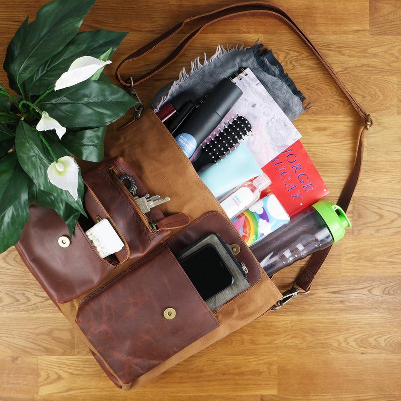 Leconi Schultertasche Umhängetasche Ledertasche Canvas Leder cognac LE0039 Letzter Tag