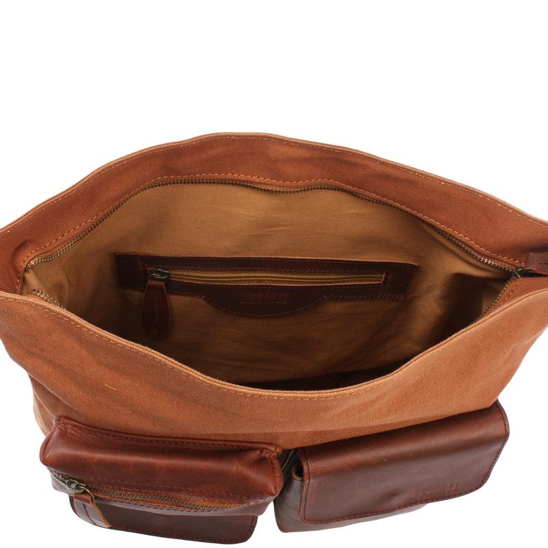 Leconi Schultertasche Umhängetasche Ledertasche Canvas Leder cognac LE0039 Letzter Tag