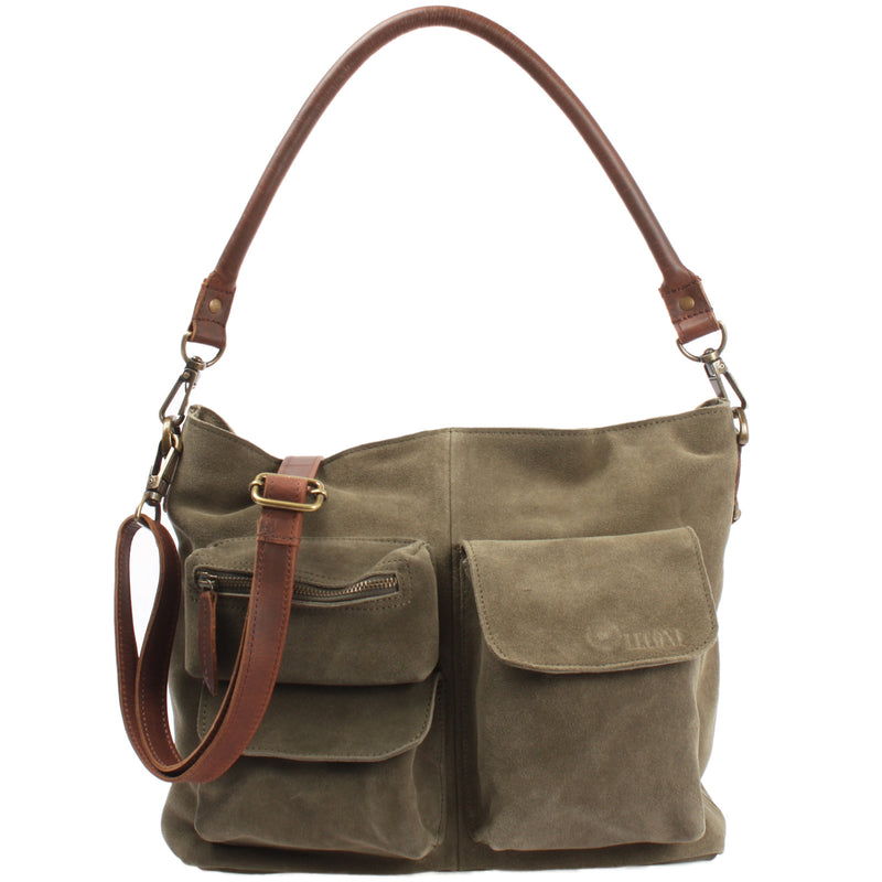 Leconi Schultertasche Umhängetasche Ledertasche Veloursleder grün LE0039
