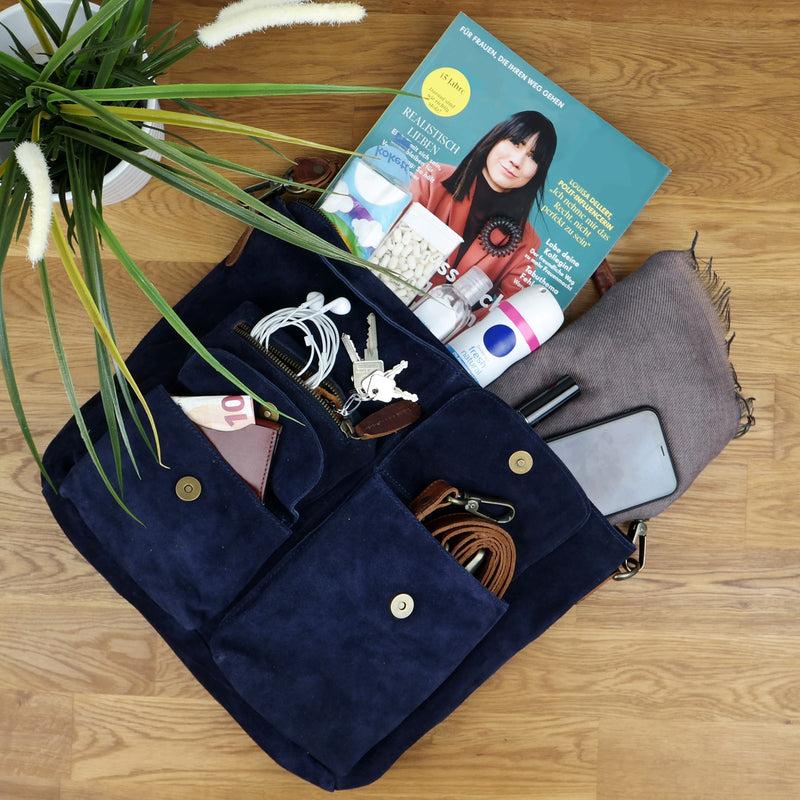 Leconi Schultertasche Umhängetasche Ledertasche Veloursleder navy LE0039 Sonderangebot der Fabrik