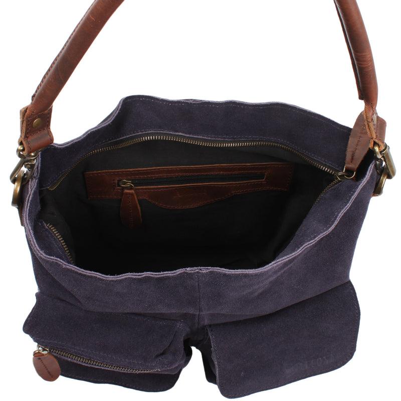 Leconi Schultertasche Umhängetasche Ledertasche Veloursleder navy LE0039 Sonderangebot der Fabrik