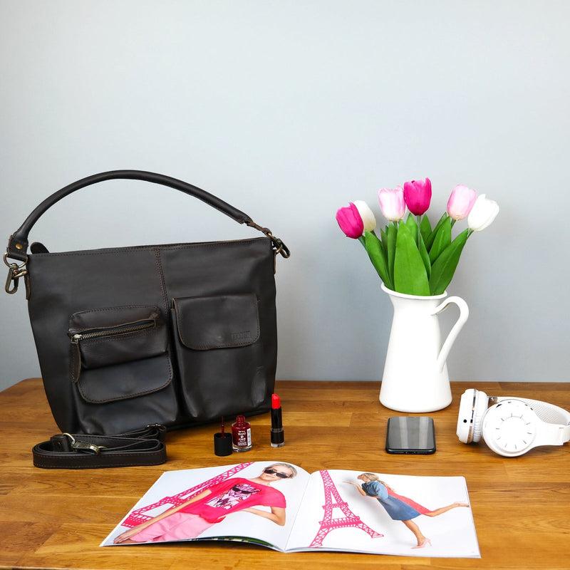 Leconi Schultertasche Umhängetasche Ledertasche Leder dunkelbraun LE0039 Bis zu 55% Rabatt